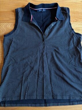 Tommy Hilfiger Women’s Sleeveless Polo Golf/tennis Shirt L Navy Blue wPolka Dots
